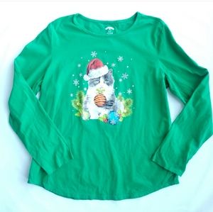 Kitty Cat Christmas Top Blouse Long Sleeve Green